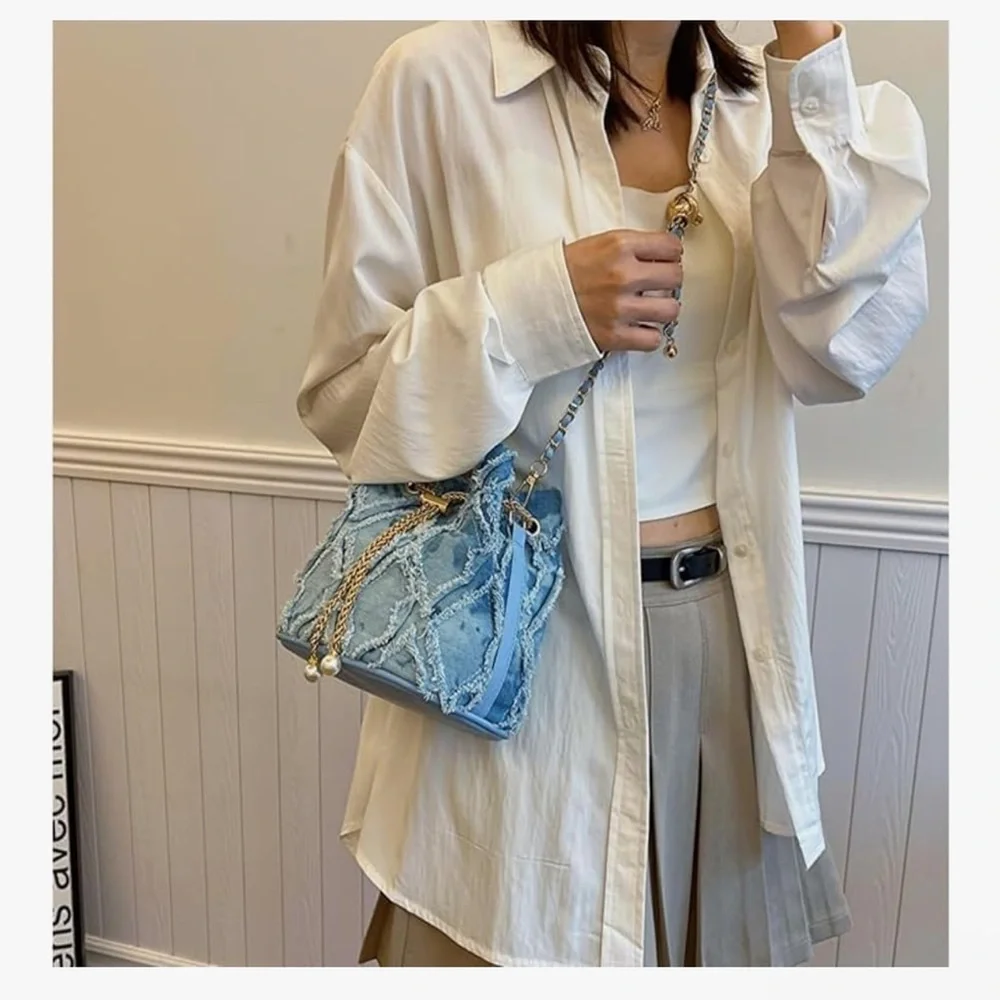 🆕 Vintage Denim Shoulder Bag for Women with Chain Strap Retro Crossbody Bag - Picture 9 of 9